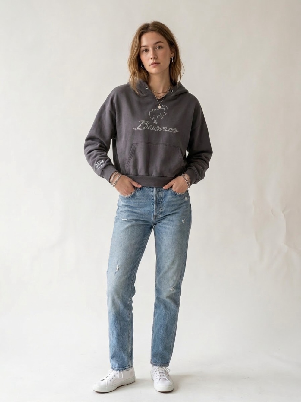 🚙 PacSun Ford Bronco Embroidered Cropped Pullover Hoodie Charcoal Grey S